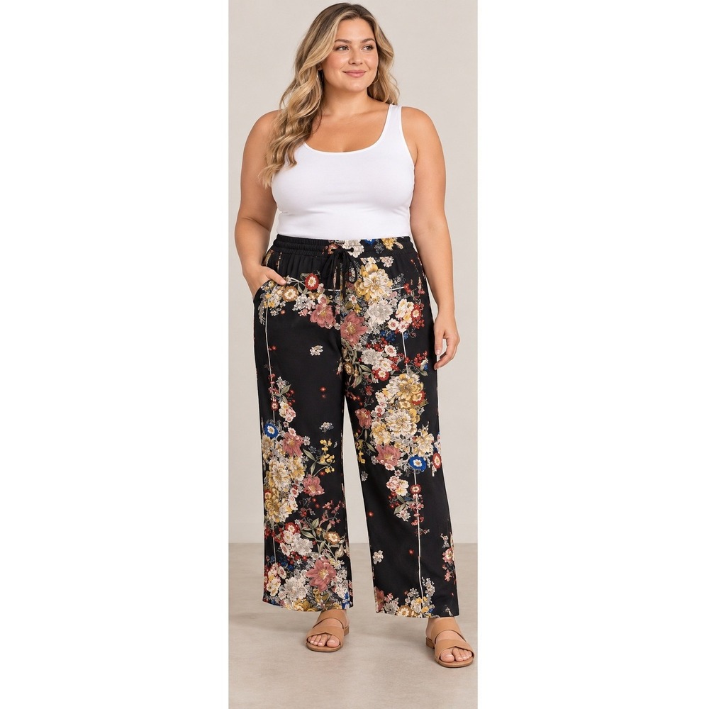 Industry Republic Clothing Women XL Black Floral Wide Leg Drawstring Pants